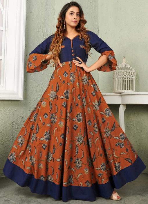 Navy Blue Rayon Cotton Printed Party Wear Gown