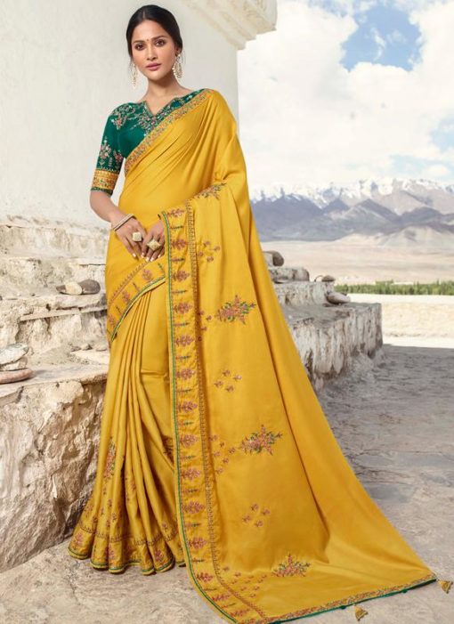 Miraamall Yellow Silk Embroidered Work Designer Saree