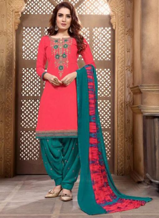 Red Cotton Embroidered Work Designer Patiyala Salwar Suit