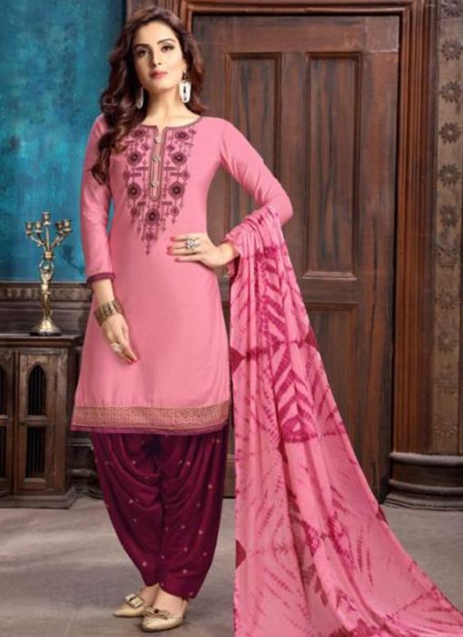 Pink Cotton Embroidered Work Designer Patiyala Salwar Suit