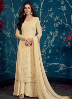 Off White Georgette Embroidered Designer Palazzo Suit