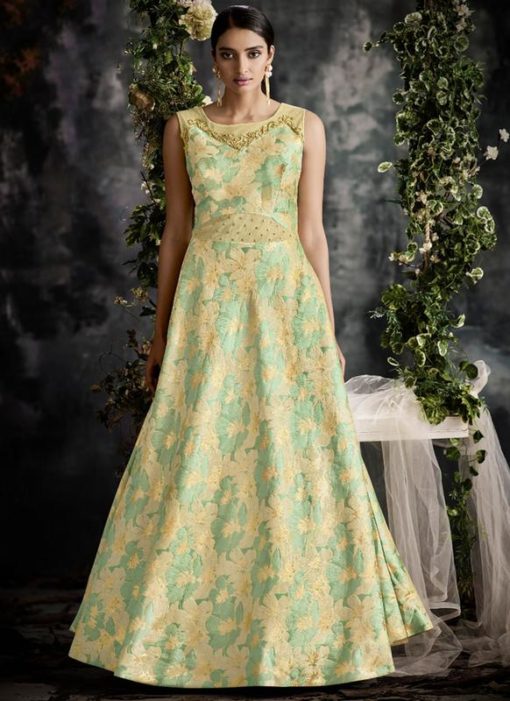 Sea Green Jacquard Designer Party Wear Gown