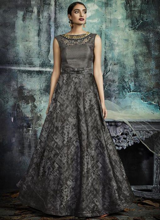 Grey Jacquard Designer Party Wear Gown