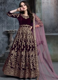Amazing Wine Velvet Embroidered Work Anarkali Suit
