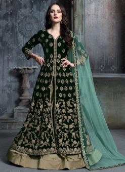 Alluring Green Velvet Embroidered Work Anarkali Suit