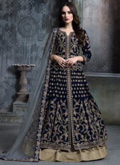 Beautiful Navy Blue Velvet Embroidered Work Anarkali Suit