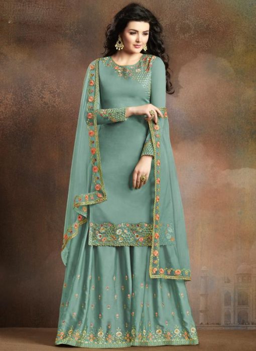 Sky Blue Silk Embroidered Work Designer Palazzo Suit