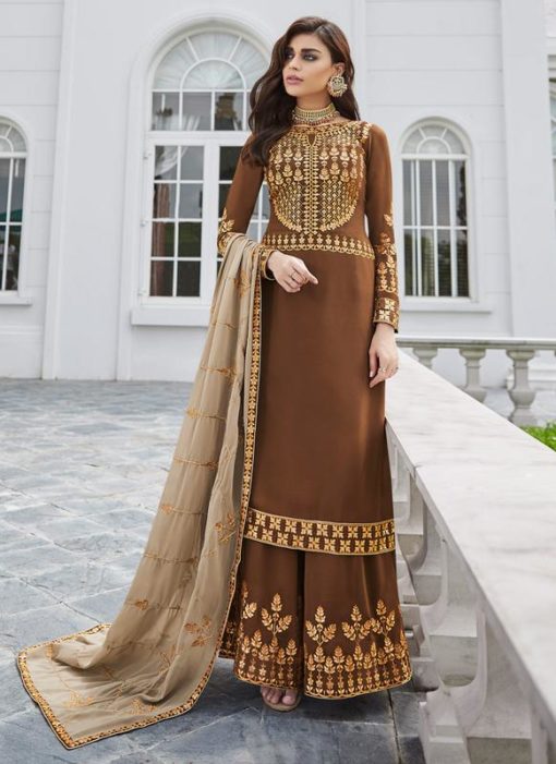 Brown Georgette Ceremony Wear Palazzo Suit
