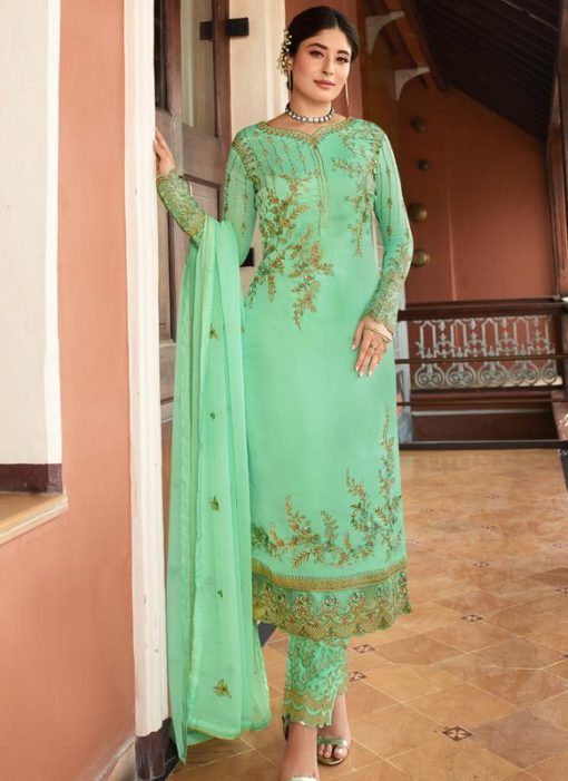 Green Heavy Embroidred Designer Satin Georgette Salwar Suit