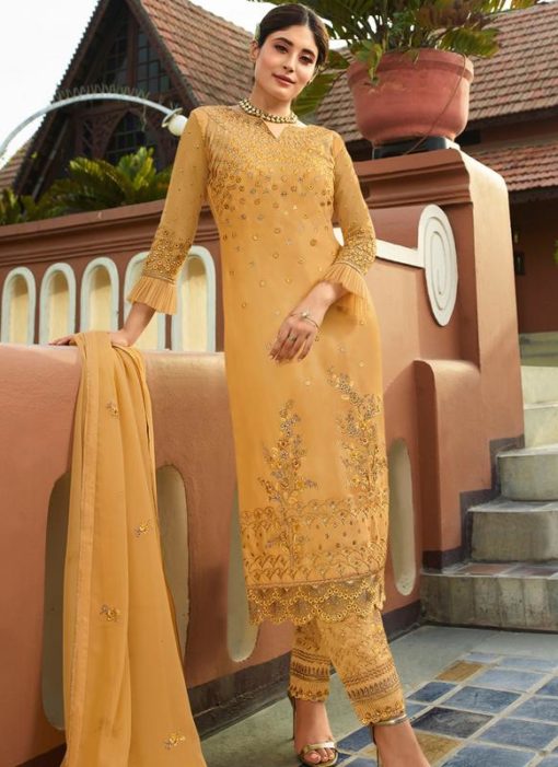 Yellow Heavy Embroidred Designer Satin Georgette Salwar Suit