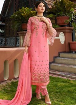Pink Heavy Embroidred Designer Satin Georgette Salwar Suit