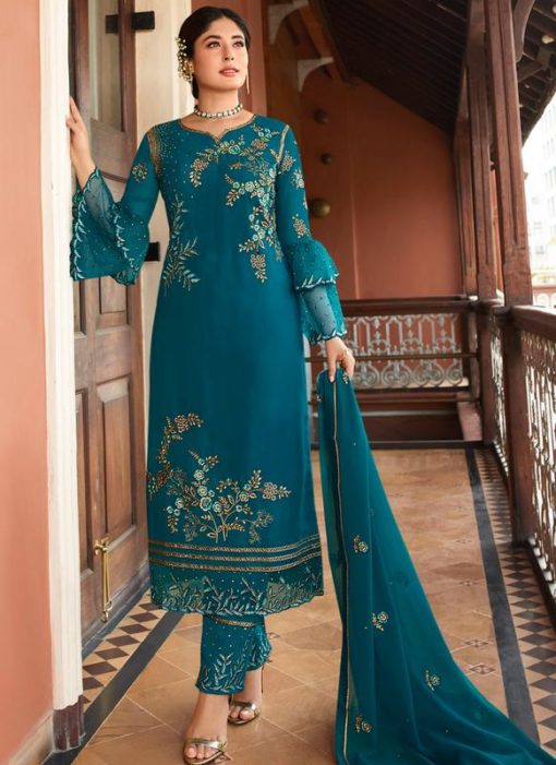 Sea Blue Heavy Embroidred Designer Satin Georgette Salwar Suit