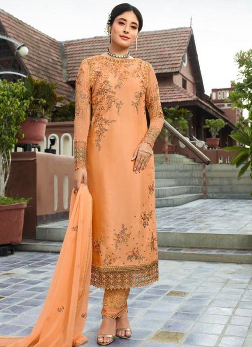 Orange Heavy Embroidred Designer Satin Georgette Salwar Suit