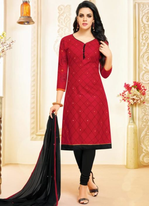 Red Cotton Embroidered Work Churidar Suit