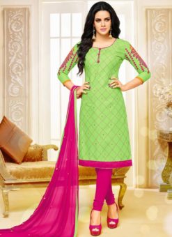 Green Cotton Embroidered Work Churidar Suit