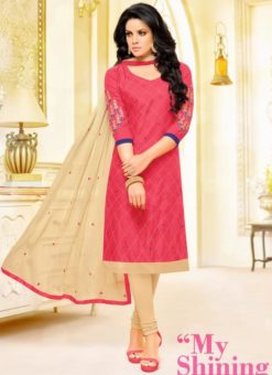 Pink Cotton Embroidered Work Churidar Suit