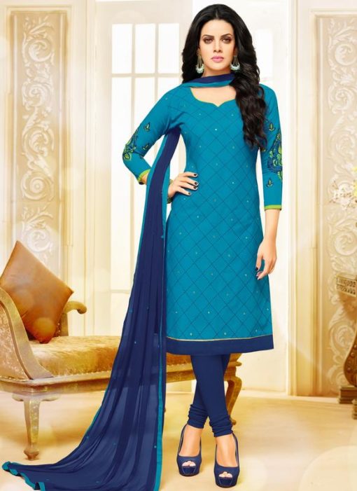 Sky Blue Cotton Embroidered Work Churidar Suit