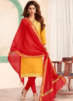 Yellow Banarasi Silk Party Wear Churidar Suit