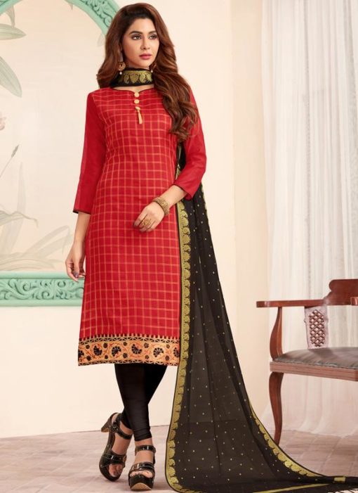 Red Banarasi Silk Party Wear Churidar Suit