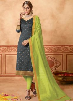 Designer Grey Banarasi Silk Salwar Suit
