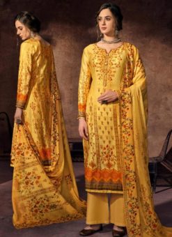 Yellow Cotton Satin Digital Print Designer Salwar Kameez
