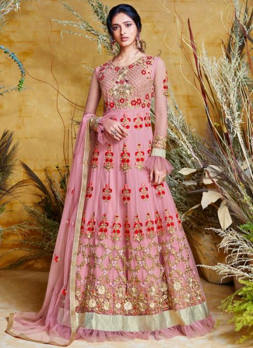 Heavy Designer Party Wear Butter Fly Pink Net Anarkali Suit