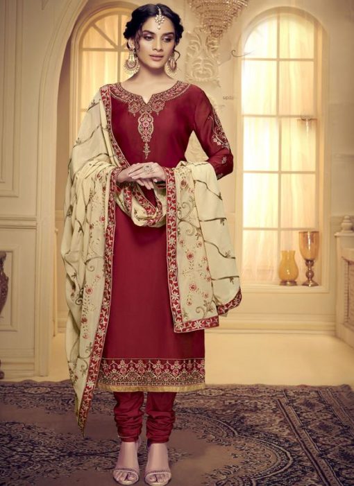 Designer Pure Satin Maroon Georgette Salwar Suit