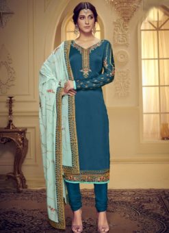 Designer Pure Satin Sea Blue Georgette Salwar Suit