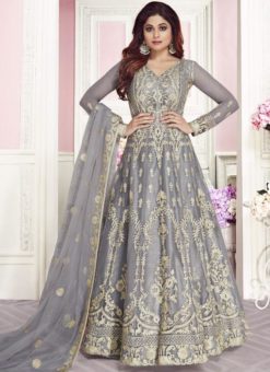 Shamita Shetty Designer Partywear Light Steel Blue Silk Salwar Suit