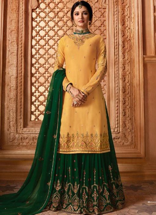 Designer Partywear Embroidery Golden Yellow Satin Georgette Salwar Suit