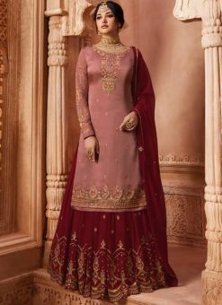 Designer Partywear Embroidery Rosy Brown Satin Georgette Salwar Suit