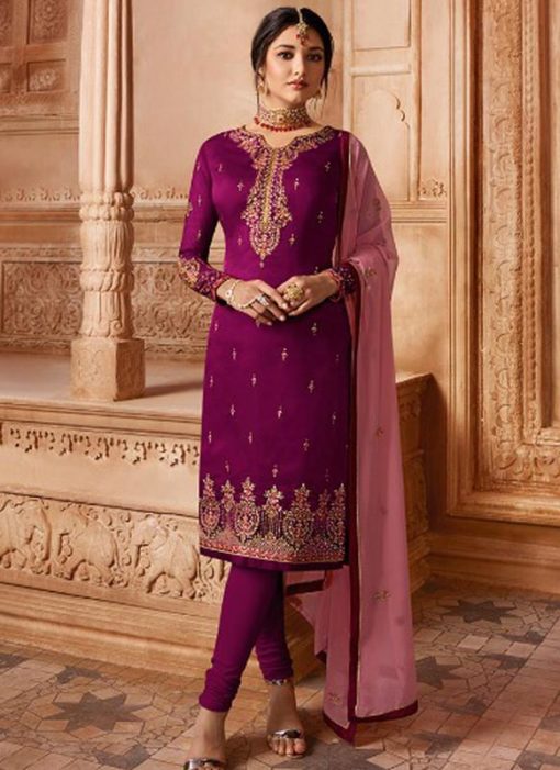 Designer Partywear Embroidery Purple Satin Georgette Salwar Suit