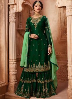 Designer Partywear Embroidery Dark Green Satin Georgette Salwar Suit
