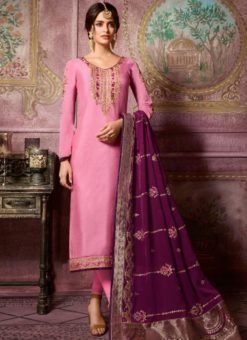 Designer Partywear Embroidery Soft Pink Satin Georgette Salwar Suit