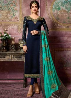 Designer Partywear Embroidery Navy Blue Satin Georgette Salwar Suit
