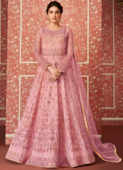 Lovely Pink Net Designer Embroidered Floor Length Salwar Suit