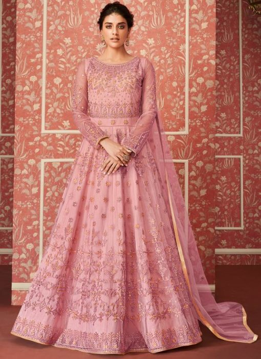 Lovely Pink Net Designer Embroidered Floor Length Salwar Suit