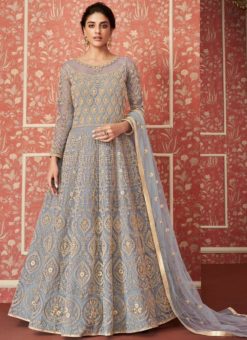Amazing Grey Net Designer Embroidered Floor Length Salwar Suit