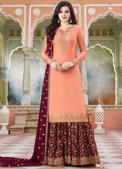 Buy Peach Satin Embroidered Work Designer Palazzo Suit