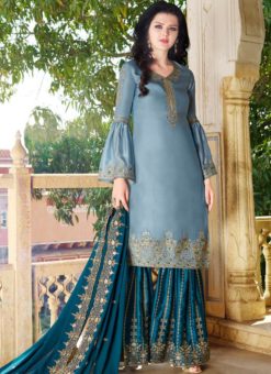 Buy Blue Satin Embroidered Work Designer Palazzo Suit