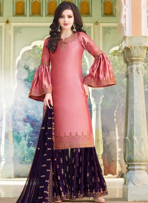 Buy Pink Satin Embroidered Work Designer Palazzo Suit