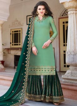 Buy Green Satin Embroidered Work Designer Palazzo Suit