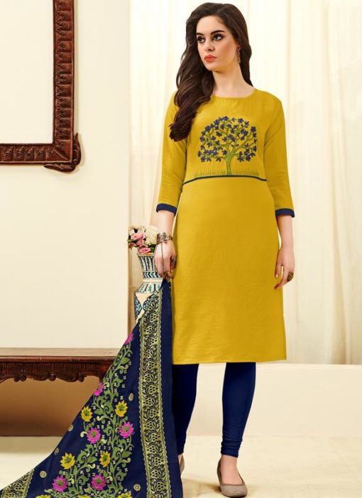 Yellow Cotton Party Wear Churidar Suit