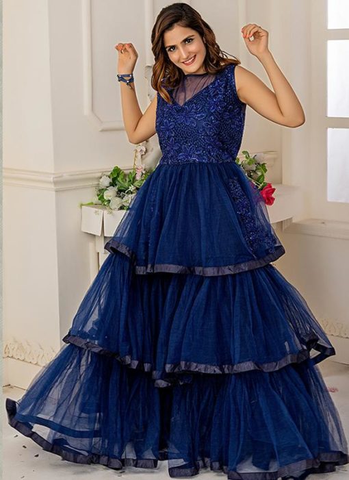 Designer Partywear Navy Blue Soft Net Gown