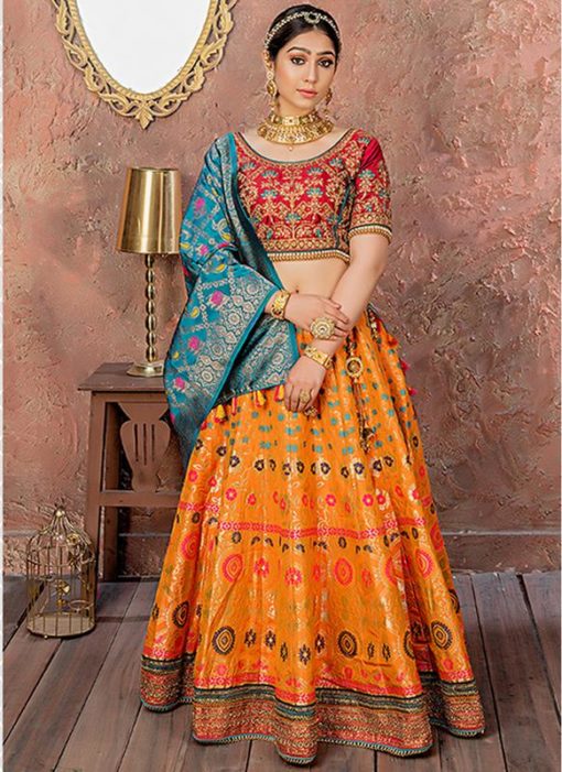 Orange Banarasi Silk Resham Work Designer Lehenga Choli