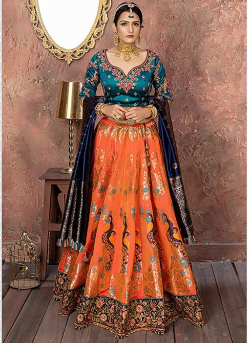 Morpich And Orange Banarasi Silk Resham Work Designer Lehenga Choli