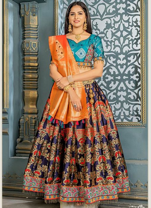 Buy Designer Wedding Embroidery Navy Blue Banarasi Silk Lehengha Choli