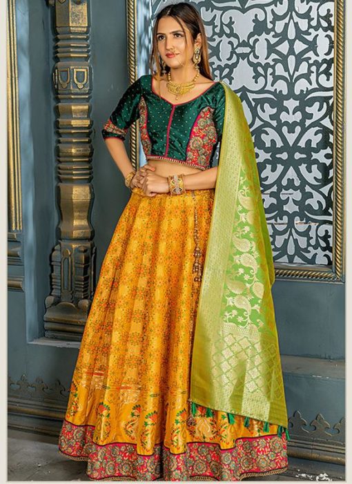 Buy Designer Wedding Embroidery Fire Yellow Banarasi Silk Lehengha Choli