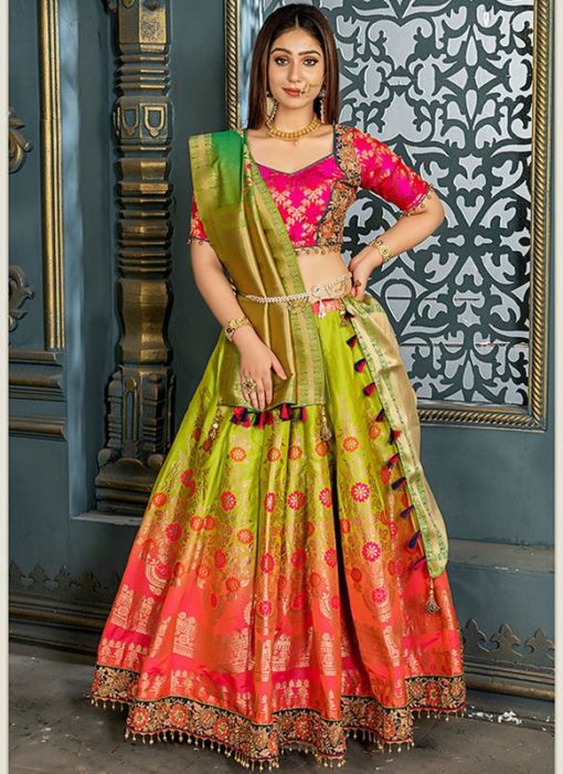 Buy Designer Wedding Embroidery Lime Green Banarasi Silk Lehengha Choli