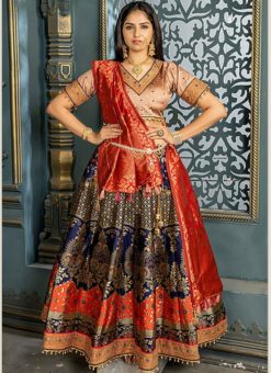 Buy Designer Wedding Embroidery Navy Blue Banarasi Silk Lehengha Choli